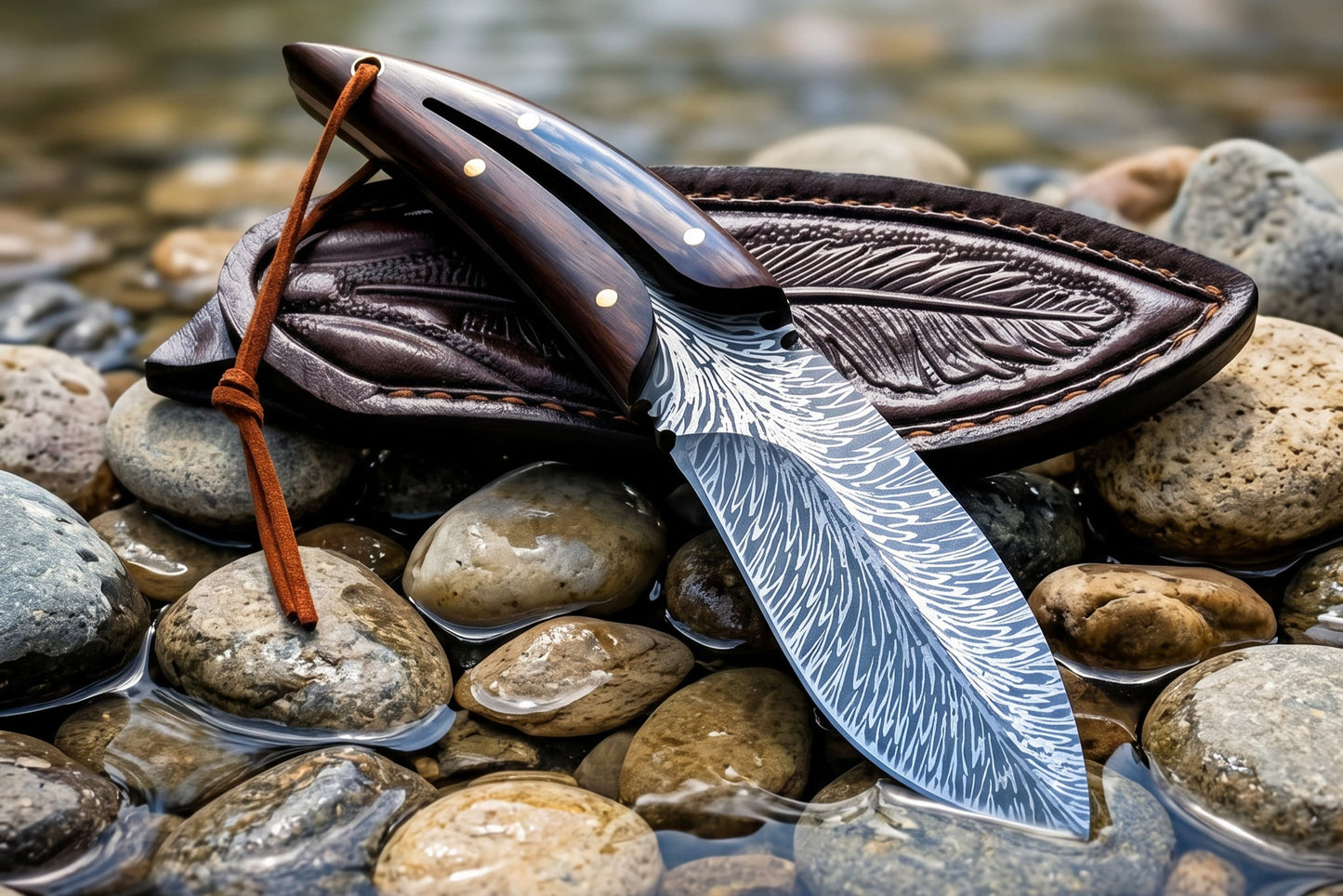 Damascus Feather-Engraved Knife