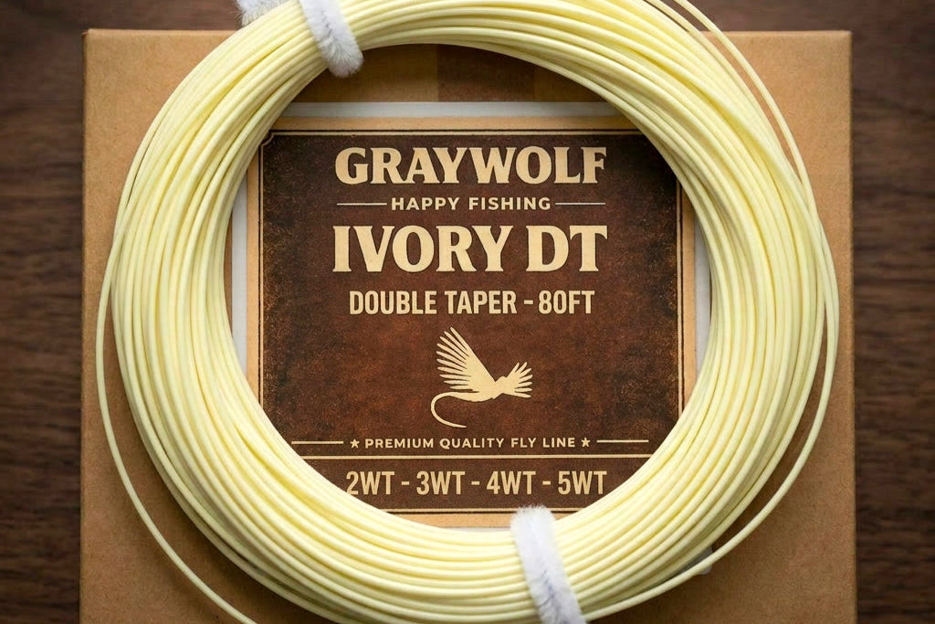 Graywolf Ivory DT double taper fly line on a cardboard box with brand name.