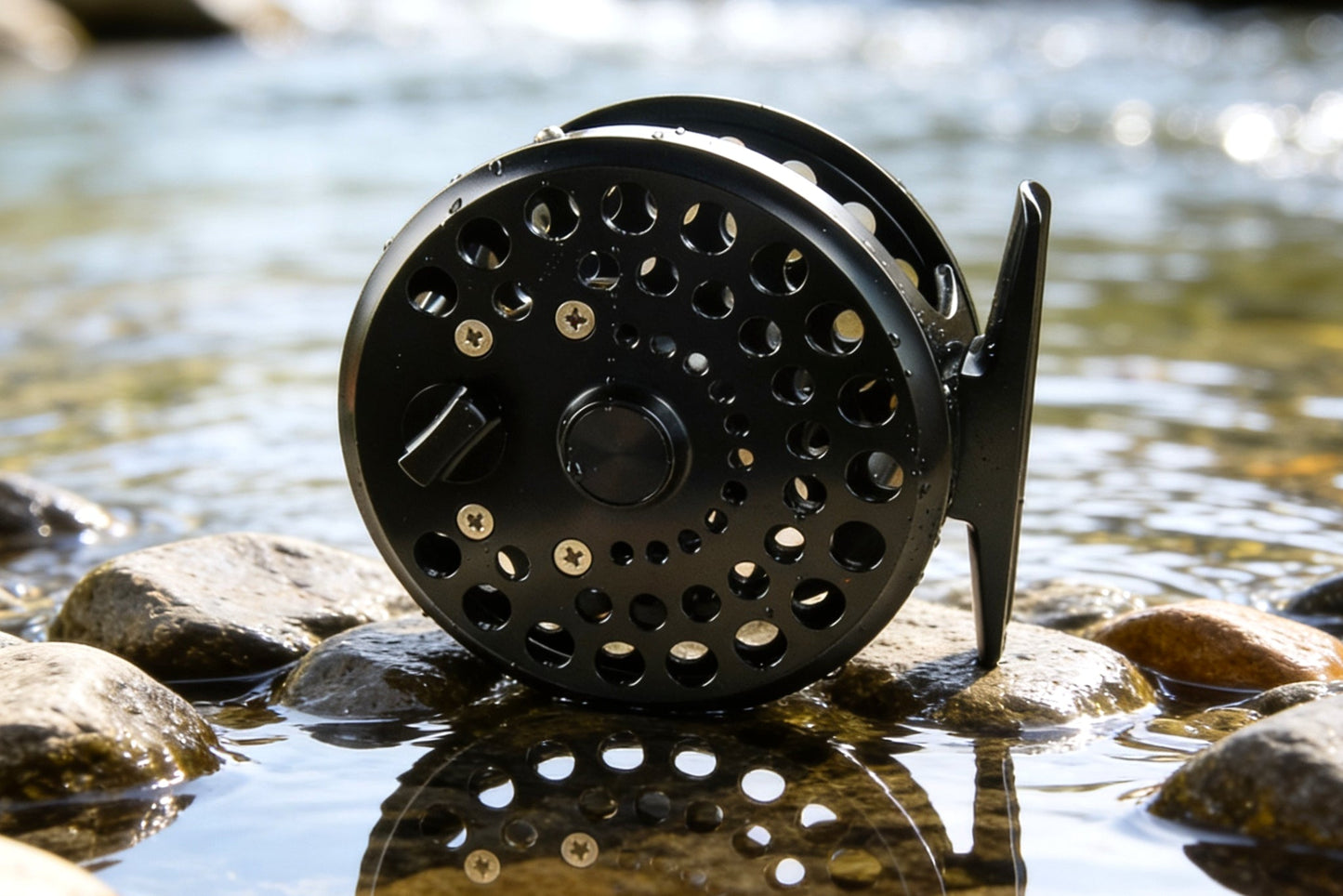 Fly fishing reel on a rock by a stream