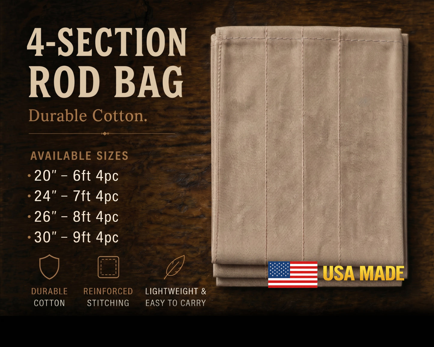 A 4-section rod bag made of durable cotton canvas in a tan color, displayed on a dark wood background with product specifications, sizes, and a USA Made flag graphic.