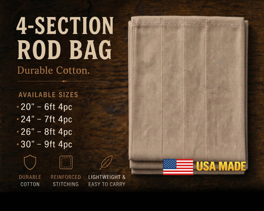 A 4-section rod bag made of durable cotton canvas in a tan color, displayed on a dark wood background with product specifications, sizes, and a USA Made flag graphic.