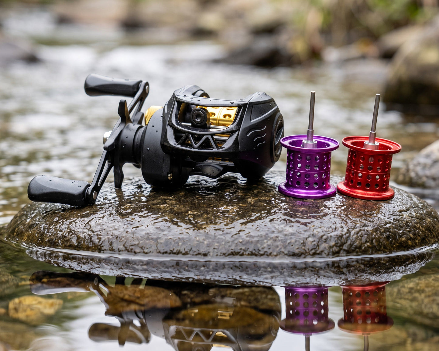 A black fishing reel sits on a wet rock in a stream, with two spincast fishing lures in purple and red placed beside it. The scene is outdoors in shallow water with rocks and blurred natural background visible.