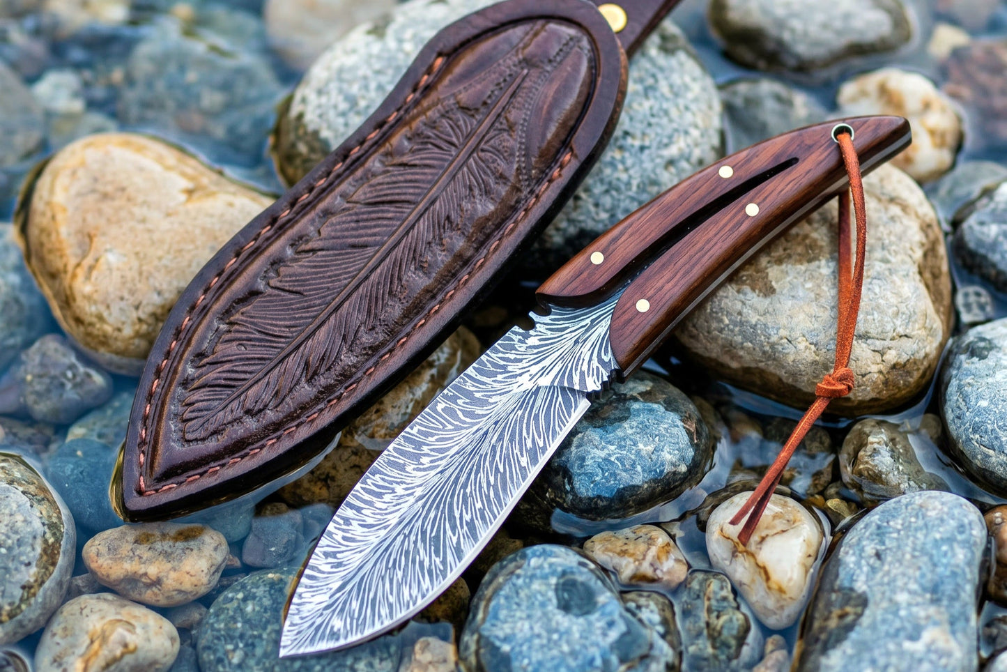 Decorative knife with leather sheath on a rocky surface
