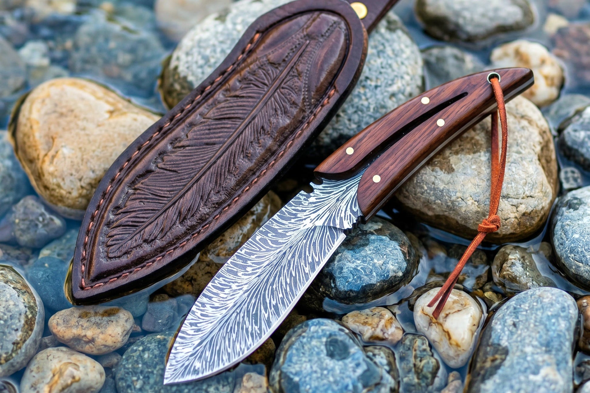 Decorative knife with leather sheath on a rocky surface