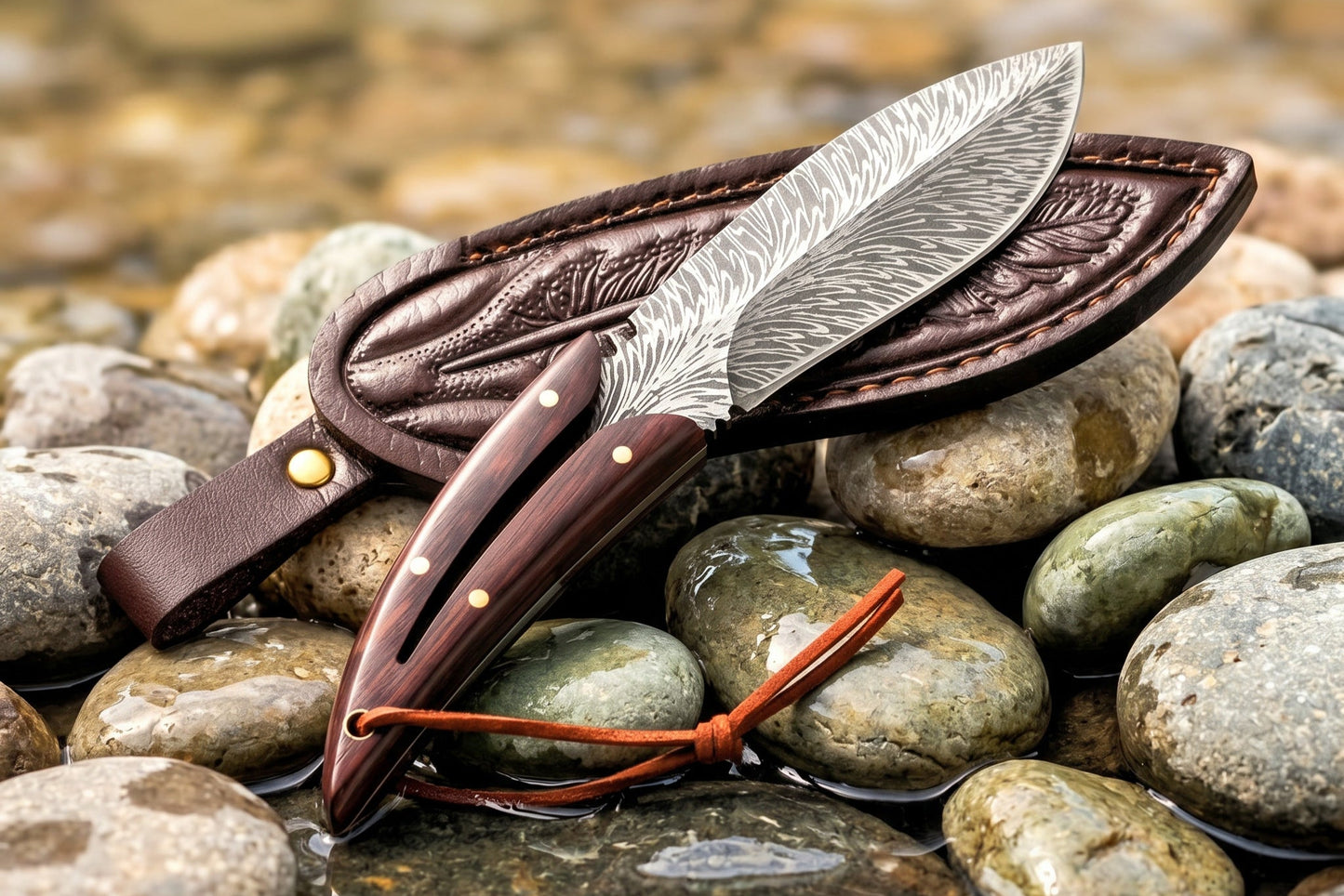 Decorative knife with leather sheath on a stone surface