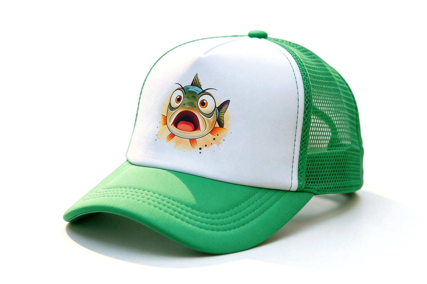 Green and white cap with a fish graphic on a white background