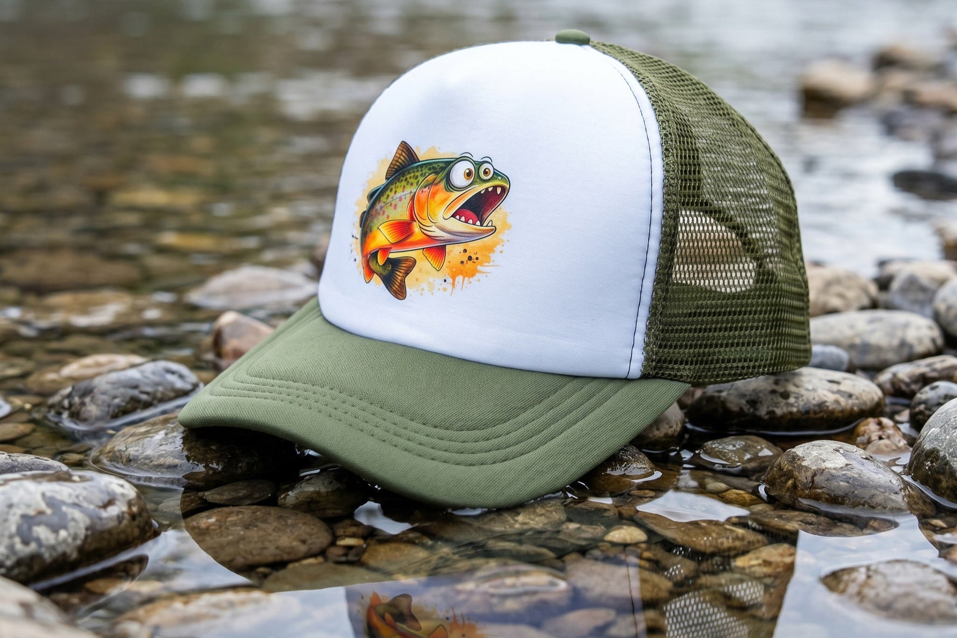 Green and white cap with fish design on a rocky riverbed