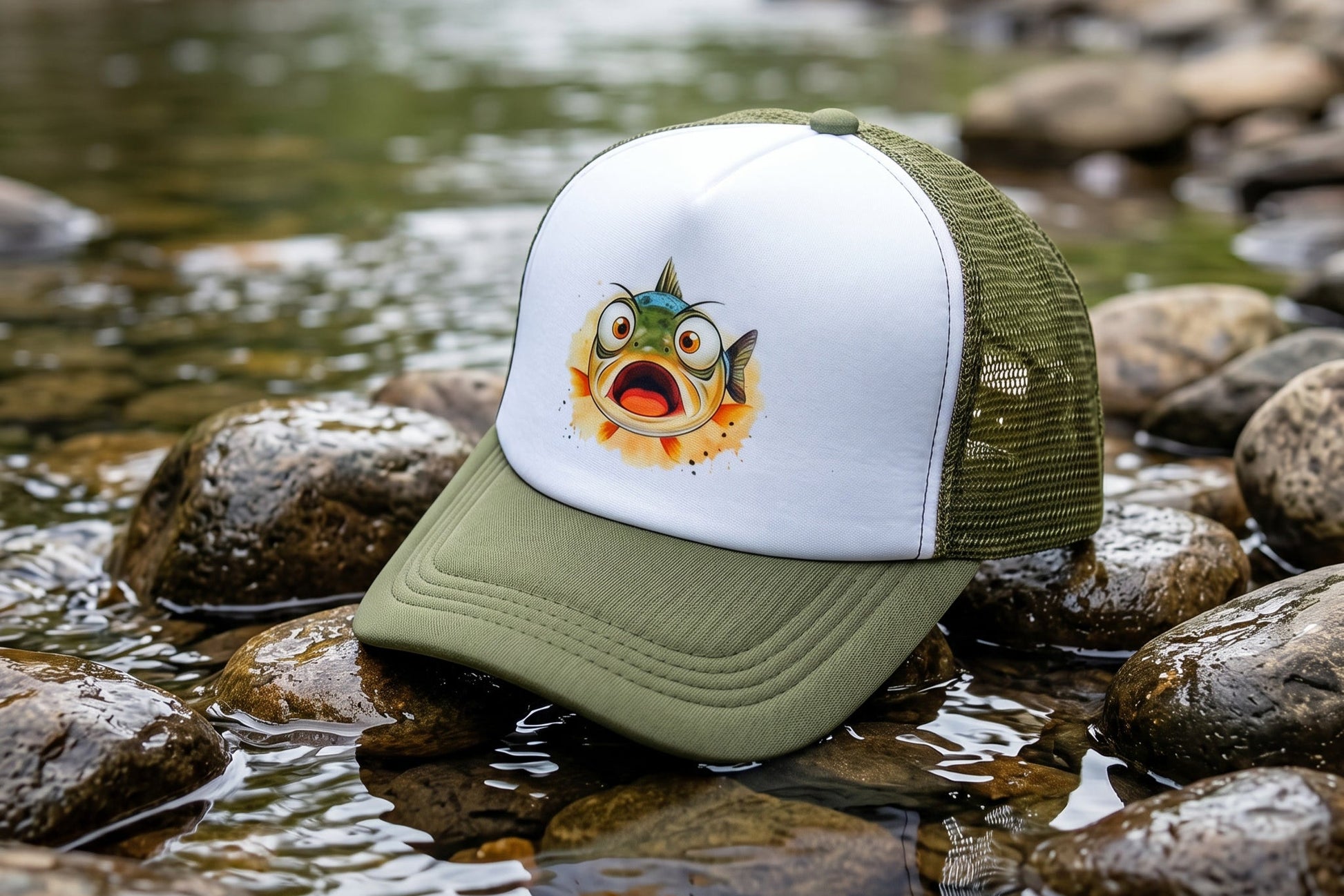 Green and white cap with a fish graphic on rocks by a water body