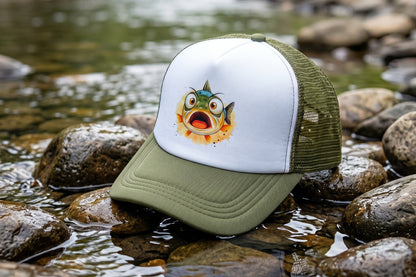 Green and white cap with a fish graphic on rocks by a water body