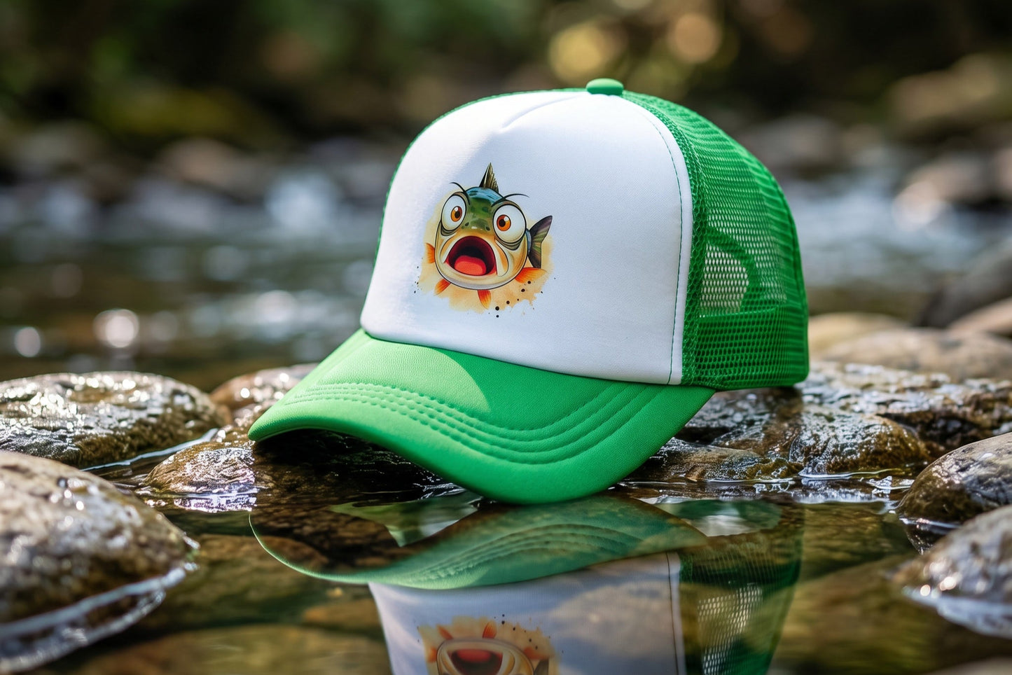 Green and white cap with a cartoon character on a rock by a stream