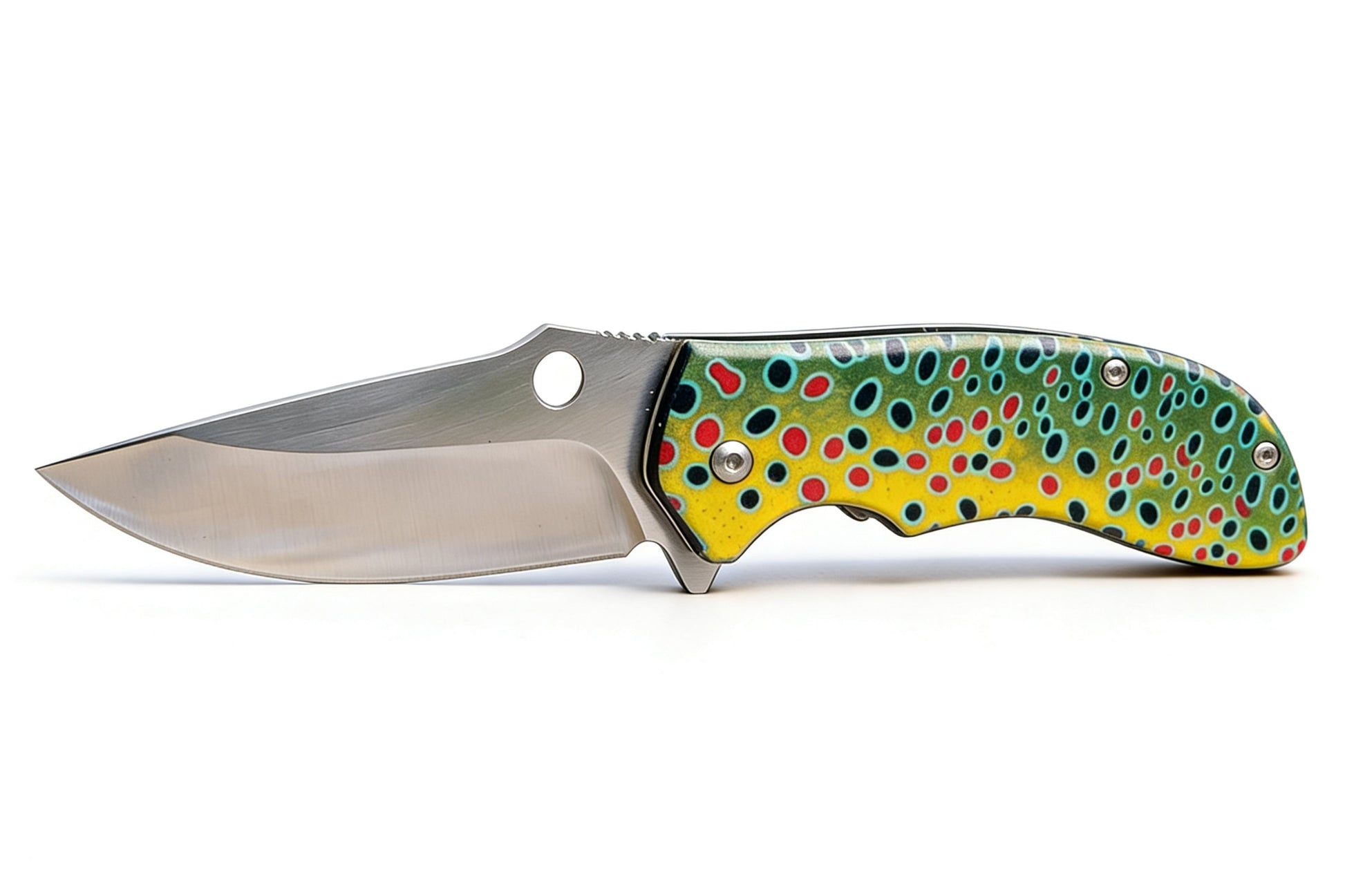Folding knife with a colorful handle on a white background