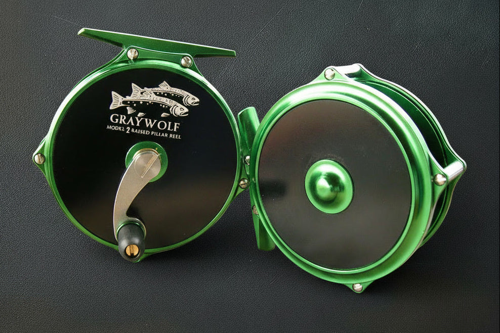 Green fishing reel with 'Gray Wolf' branding on a dark background