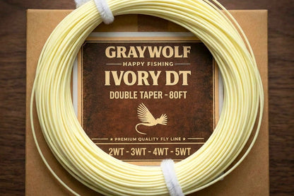 Graywolf Ivory DT double taper fly line on a cardboard box with brand name.