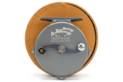 Fishing reel with leather casing and 'Gray Wolf' branding on a white background