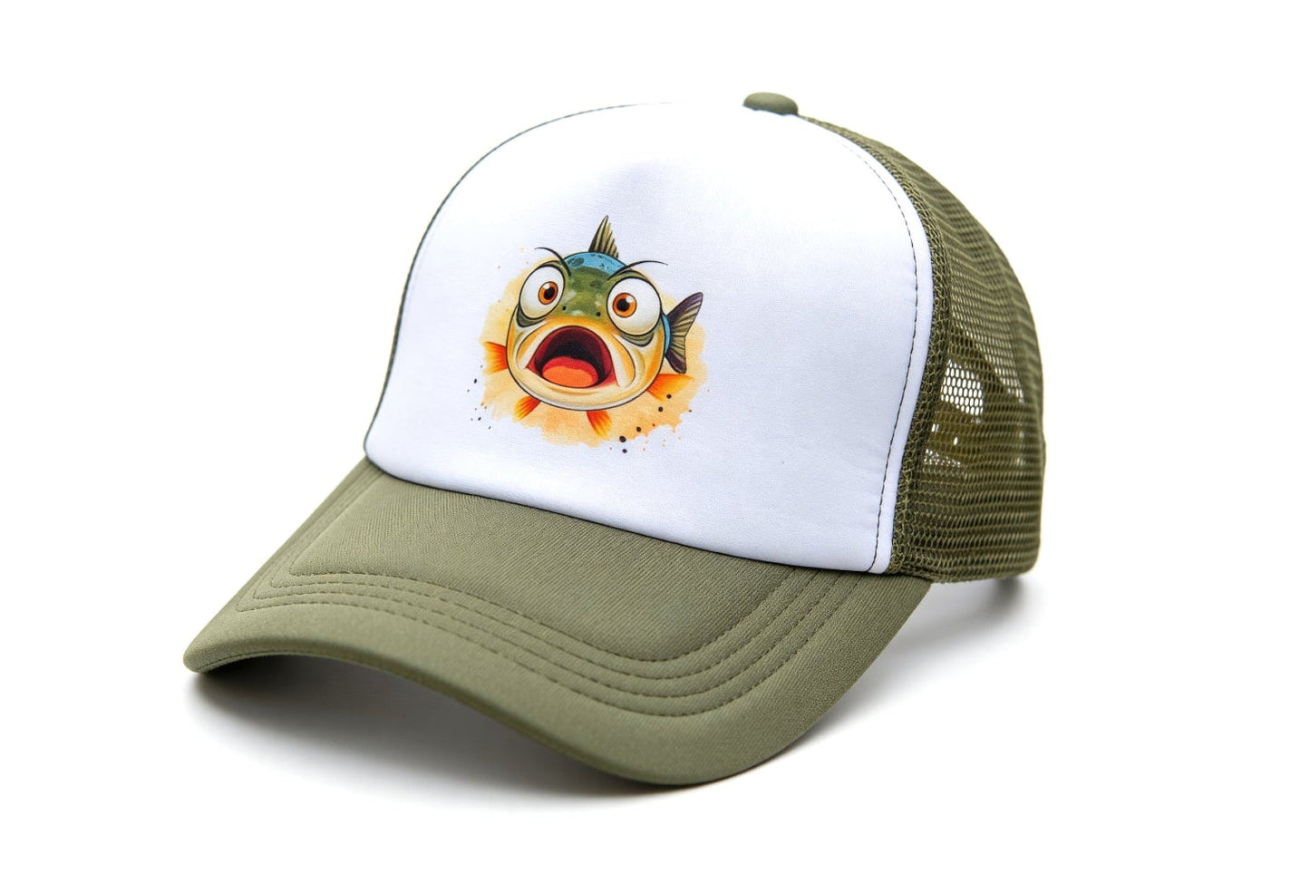 Green and white cap with a cartoon fish design on a white background