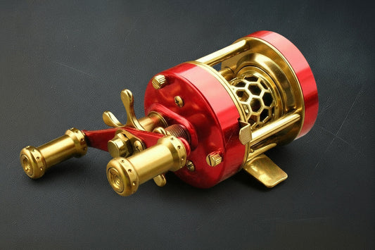 Red and gold fishing reel on a dark background