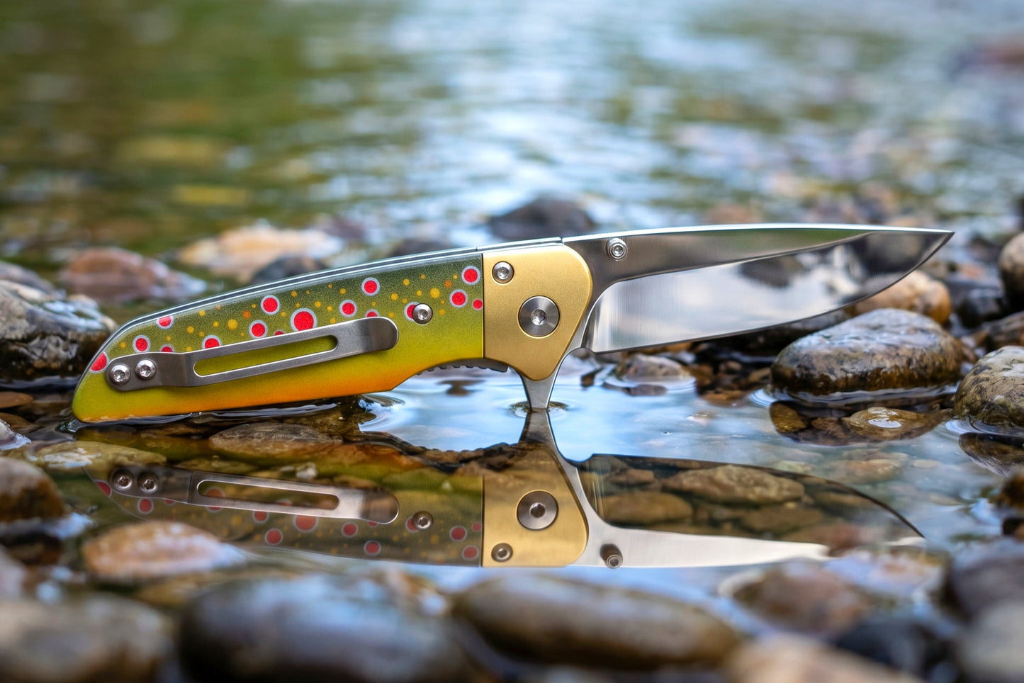 Foldable knife with a colorful handle on a rocky surface near water