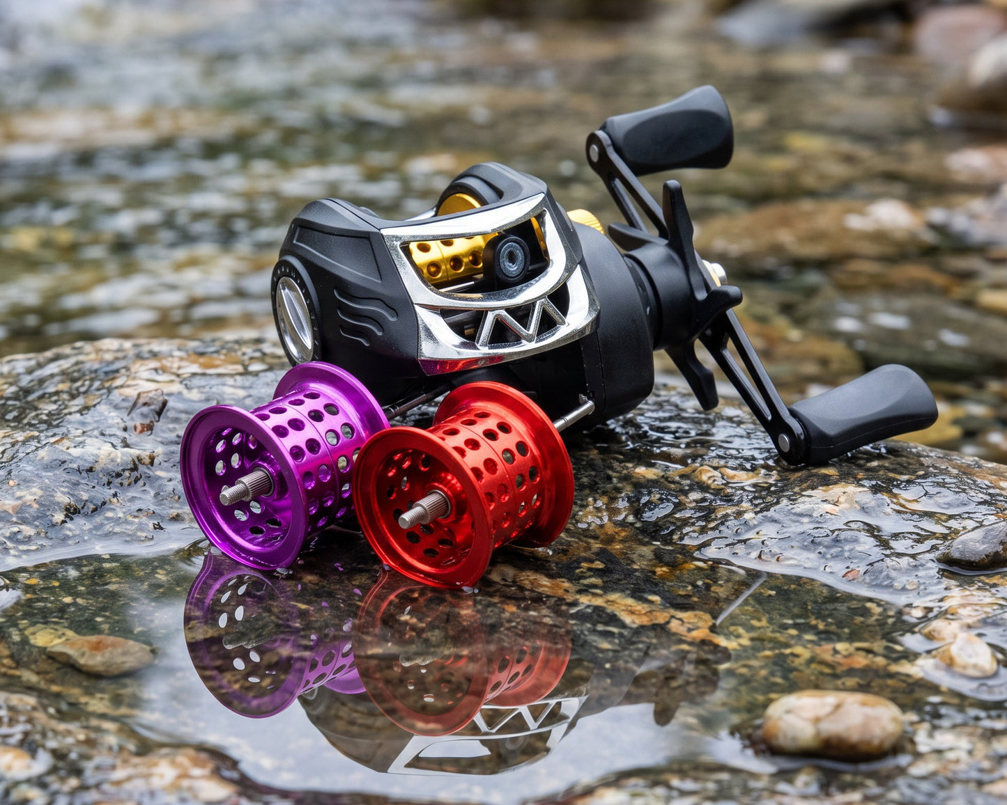 A baitcasting fishing reel with a black body, silver accents, and gold inner details, shown resting on wet rocks in a stream with two interchangeable colored spincast reels in front (purple and red) and its reflection visible in the water.