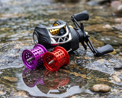 A baitcasting fishing reel with a black body, silver accents, and gold inner details, shown resting on wet rocks in a stream with two interchangeable colored spincast reels in front (purple and red) and its reflection visible in the water.